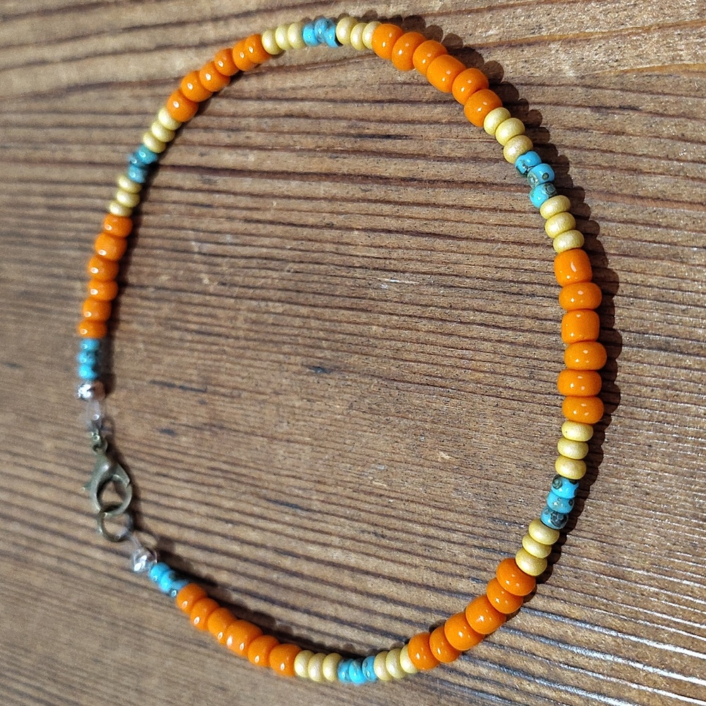 Orange and Turquoise Beaded Bracelet, Handmade Men's Bracelet 9 Inches Long - Picture 6 of 6